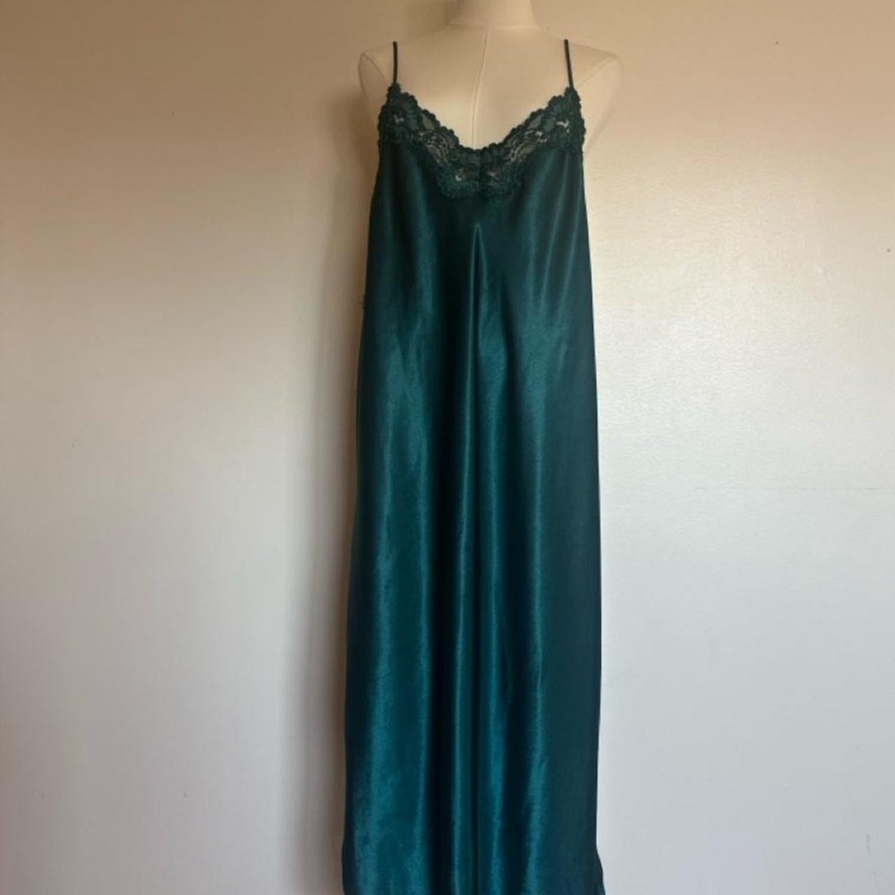Vintage Emerald Hunter Green Satin Lace Slip Midi Dress Nightgown USA Made 1X